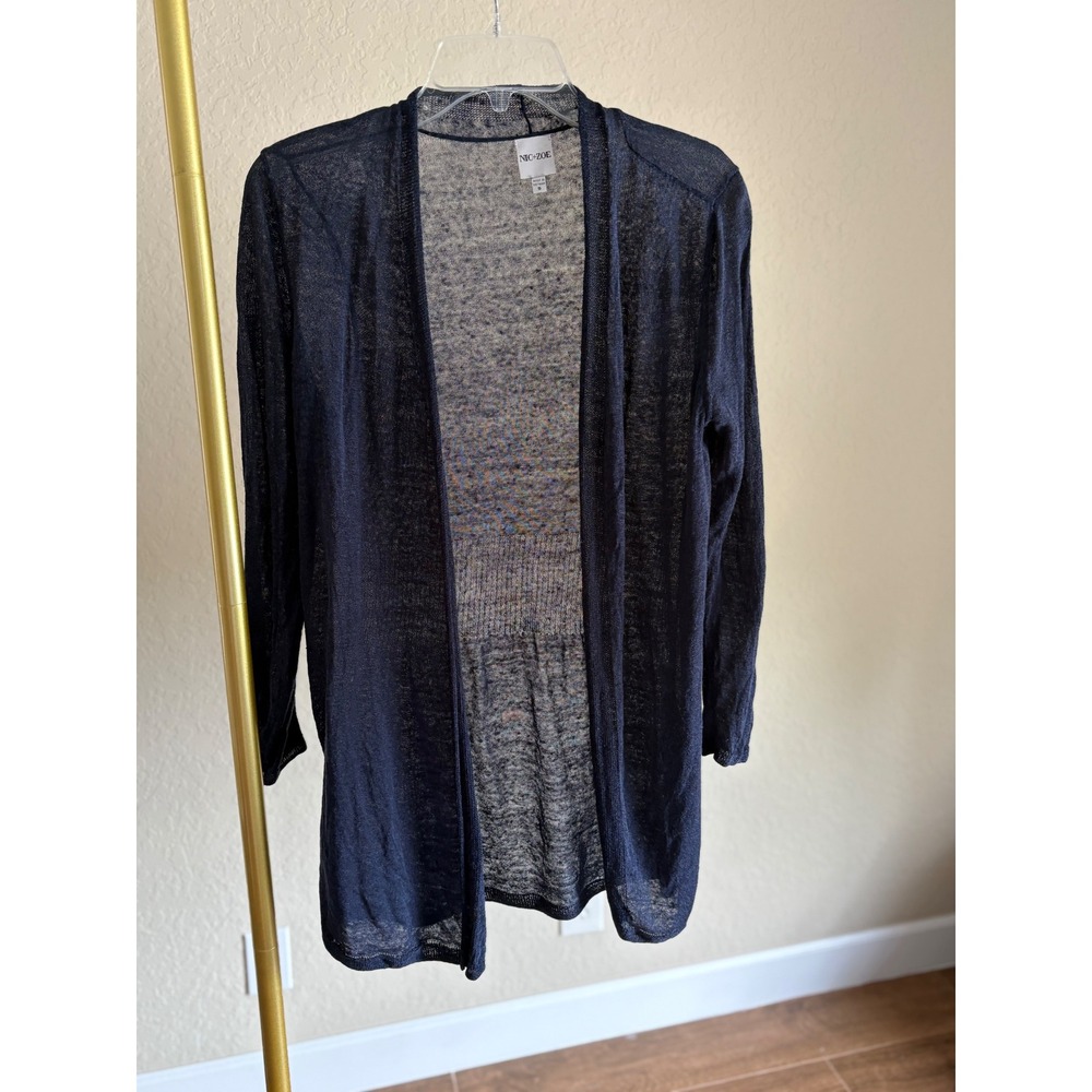 Nic+Zoe Cardigan Navy Linen Blend Open Front S Nautical Minimalism Old Money